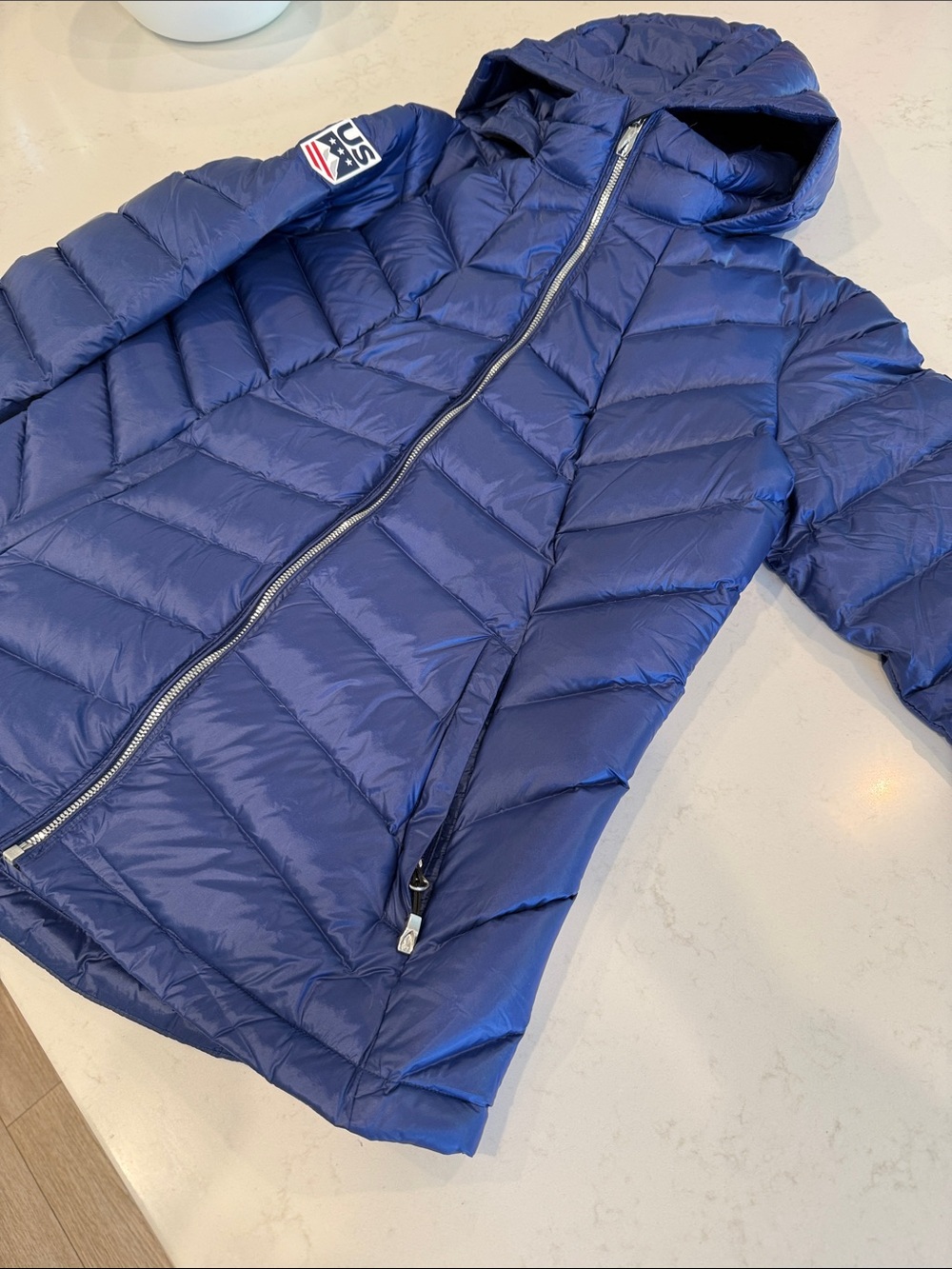 Spyder US SKI TEAM Official Jacket-Navy Blue Down Quilted Hooded Puffer Jacket-L